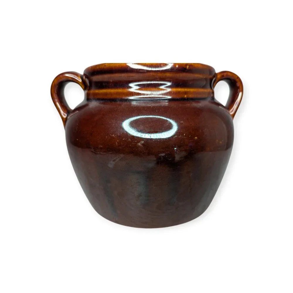 Vintage Brown Glaze Stoneware Bean Crock Pot with Handles Made in USA No Lid